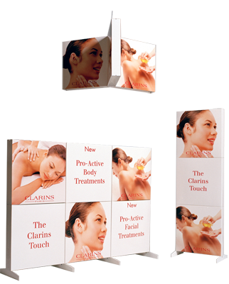 corrugate, screen-print, plastic feet, back-drop, backdrop, standee, mobile