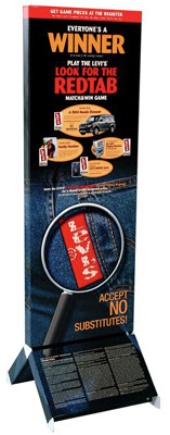 screen print, litho print, plastic feet, metal feet, UV-varnish. easy assembly, contest display, Levis