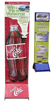 screen print, litho print, plastic feet, metal feet, UV-varnish. easy assembly, contest display, coupons, Coke
