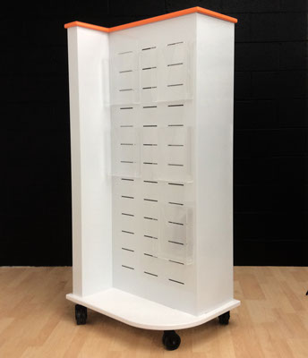 powder-coated MDF, slotted ACM body, acrylic brochure holders, casters