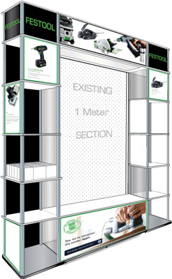 constructed with MDF, wood, styrene, modular aluminum poles, digital graphics on styrene, peg board