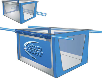 digitally printed heat-bent acrylic, painted aluminum carrying poles