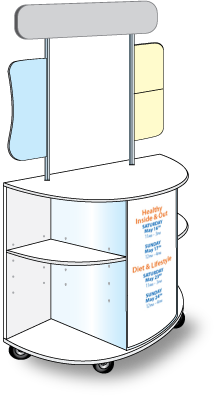 modular MDF & alumunum construction, digital graphics, easy assembly, header & lug-ons, sampler