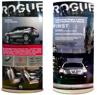 printed graphic sleeve, inside corrugate support box, powder-coated MDF base & supports, ships compact, no-tool assembly