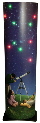 printed graphic sleeve with LEDs, inside corrugate support box, powder-coated MDF base & supports, ships compact, no-tool assembly